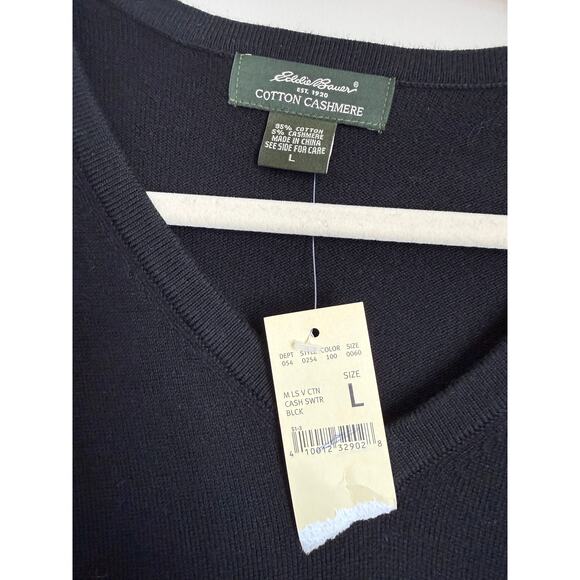 Eddie Bauer Cotton Cashmere V-Neck Sweater Black NWT Men’s Size Large Minimalist - Picture 5 of 8